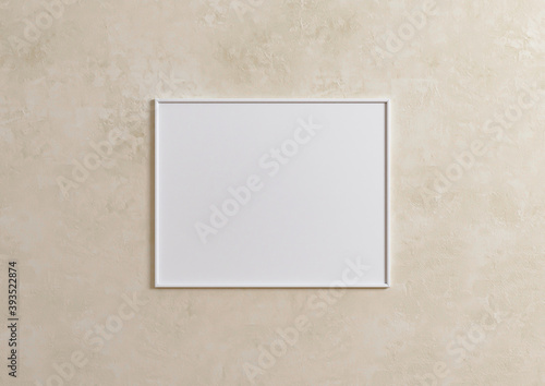 Single 8x10 Horizontal White Frame on beige wall. 3D Rendering © AestheticMockup