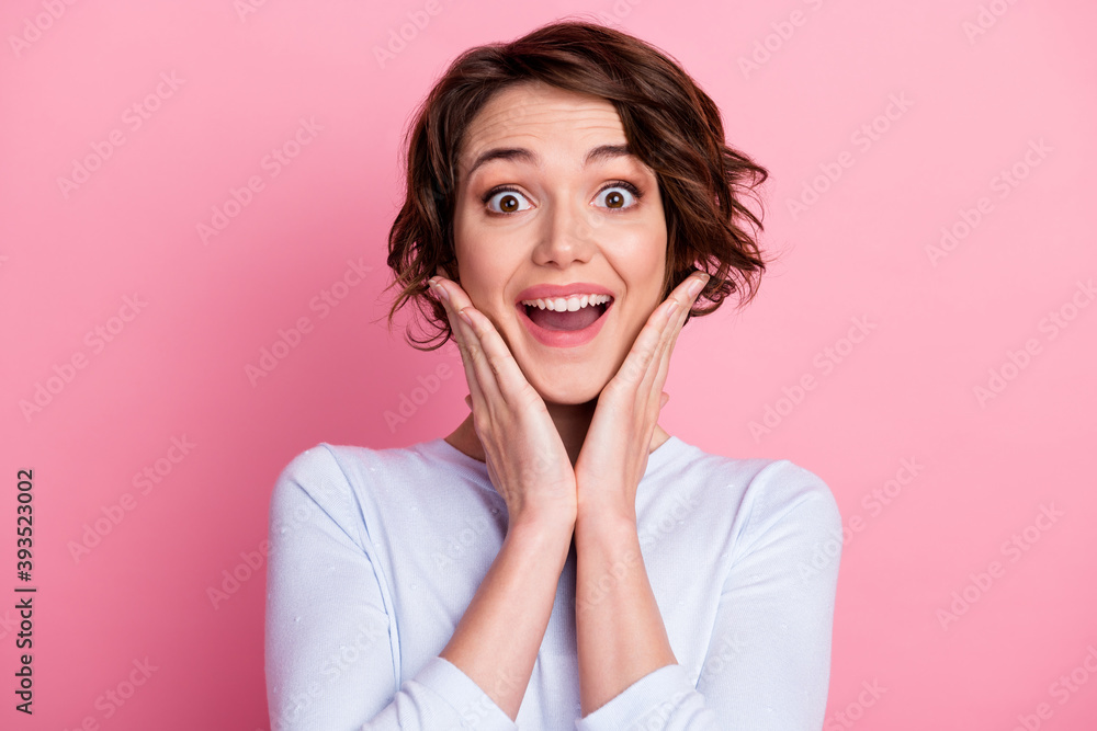Astonished girl enjoy rejoice touch hands cheeks scream wear pullover isolated pastel color background Astonished girl enjoy rejoice touch hands cheeks scream wear pullover isolated pastel color background