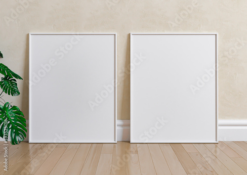 Double 8x10 Vertical White Frame mockup on wooden marble and beige wall. 3D Rendering