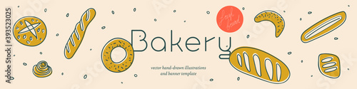 Bakery banner template with vector hand-drawn icons of bread in warm ochre tints. Fresh bread for Bakehouse emblem with color illustrations of breadstick, baguette, bagel for label, packaging design