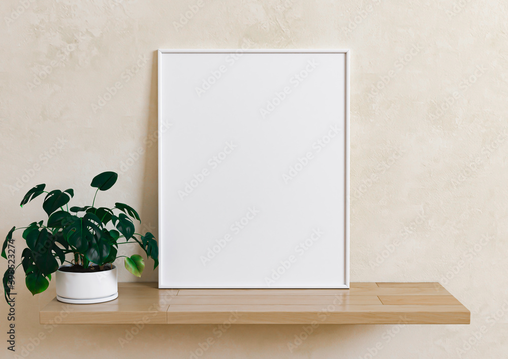 Single 8x10 Vertical White Frame mockup with green plant in vase on wooden shelf and beige wall. 3D Rendering Single 8x10 Vertical White Frame mockup with green plant in vase on wooden shelf and beige wall. 3D Rendering