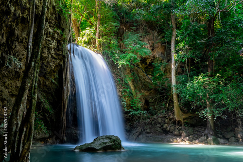 Erawan waterfall in Thailand. Beautiful waterfall with emerald pool in nature. © chirawan_nt