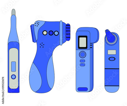 vector set - electronic devices for measuring body temperature. Hospital thermometers during a pandemic. Different types of icons of medical devices and instruments. Flat style healthcare concept
