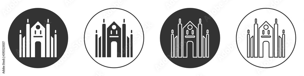 Obraz premium Black Milan Cathedral or Duomo di Milano icon isolated on white background. Famous landmark of Milan, Italy. Circle button. Vector.