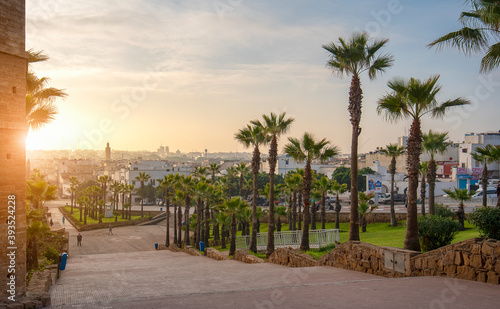 Rabat, Morocco. Sunrise from The Kasbah of the Udayas ancient fortress is located at the mouth of the Bou Regreg river. Rabat is the capital of Morocco. the Almohad gate Bab Oudaia