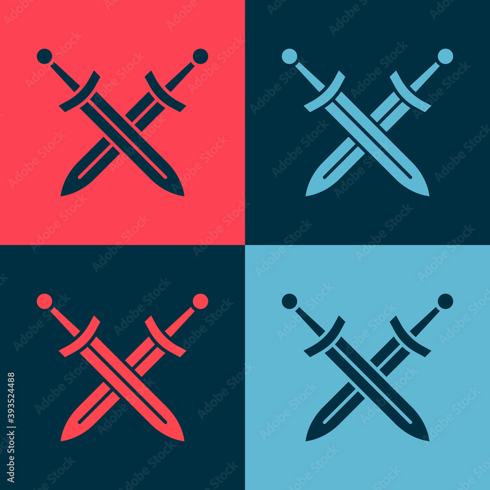 Pop art Crossed medieval sword icon isolated on color background. Medieval weapon. Vector.