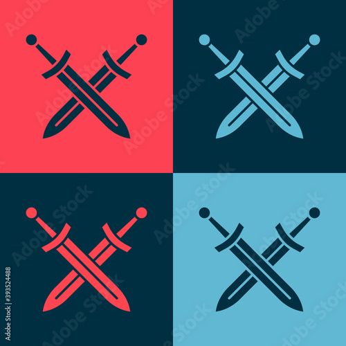 Pop art Crossed medieval sword icon isolated on color background. Medieval weapon. Vector.
