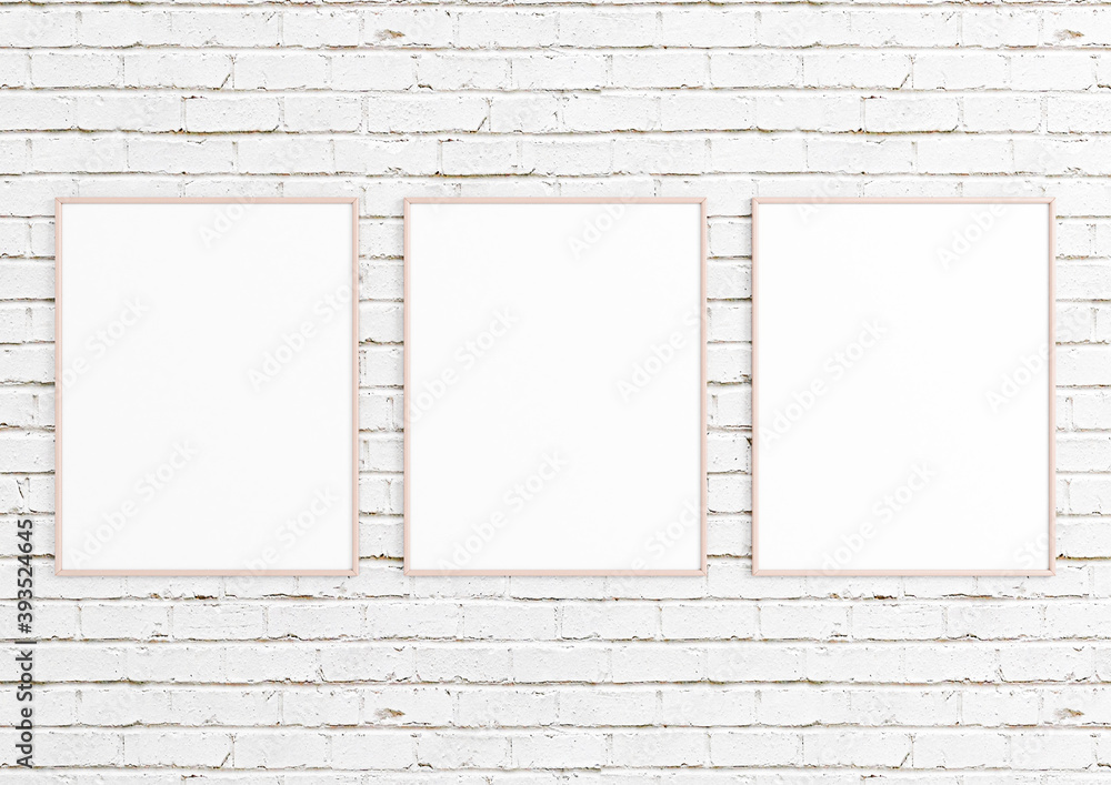 Three Vertical 8x10 Pink Frames mockup. Three Vertical Pink frames on a white brick wall. Three Vertical 8x10 Pink Frames mockup. Three Vertical Pink frames on a white brick wall.