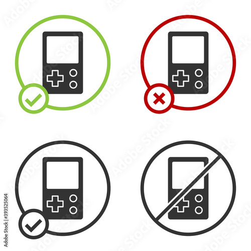 Black Portable tetris electronic game icon isolated on white background. Vintage style pocket brick game. Interactive playing device. Circle button. Vector.