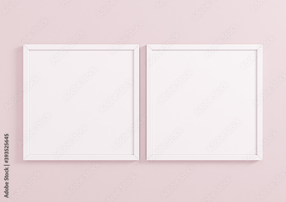 Two 10x10 White Frames Mockup. Double White Frames on a pink wall. Two 10x10 White Frames Mockup. Double White Frames on a pink wall.