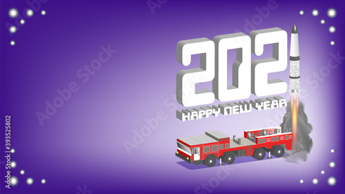 Abstract poster dedicated to winter holidays. 3D inscription Happy New Year and a red rocket launcher with a missile starting. Stylistic figures 2021. EPS10