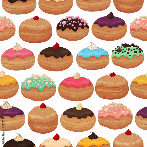 Hanukkah donuts pattern. Jewish trditional Hanukkah sweets background. Doughnuts print. Syfganiyot donuts isolated on blue backdrop. Happy Hanukkah food texture, fabric, textile tasty texture. 
