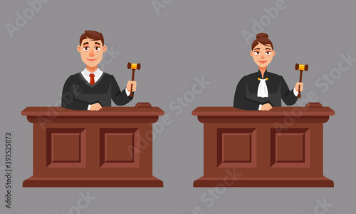 Male and female judges in cartoon style. Illustration of judicial process.