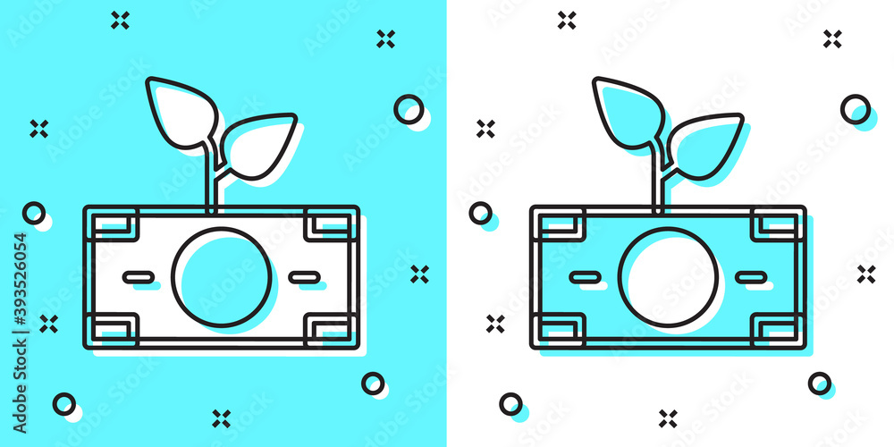 Black line Money plant in the pot icon isolated on green and white background. Business investment growth concept. Money savings and investment. Random dynamic shapes. Vector. Black line Money plant in the pot icon isolated on green and white background. Business investment growth concept. Money savings and investment. Random dynamic shapes. Vector.