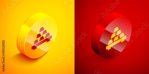 Isometric Gold bars icon isolated on orange and red background. Banking business concept. Circle button. Vector.