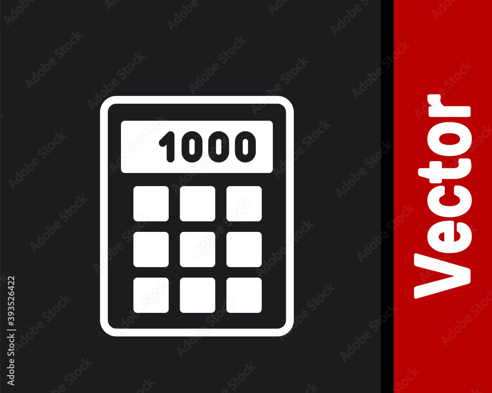 White Calculator icon isolated on black background. Accounting symbol. Business calculations mathematics education and finance. Vector. White Calculator icon isolated on black background. Accounting symbol. Business calculations mathematics education and finance. Vector.