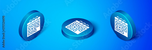 Isometric Calendar fitness icon isolated on blue background. Training schedule. Blue circle button. Vector.