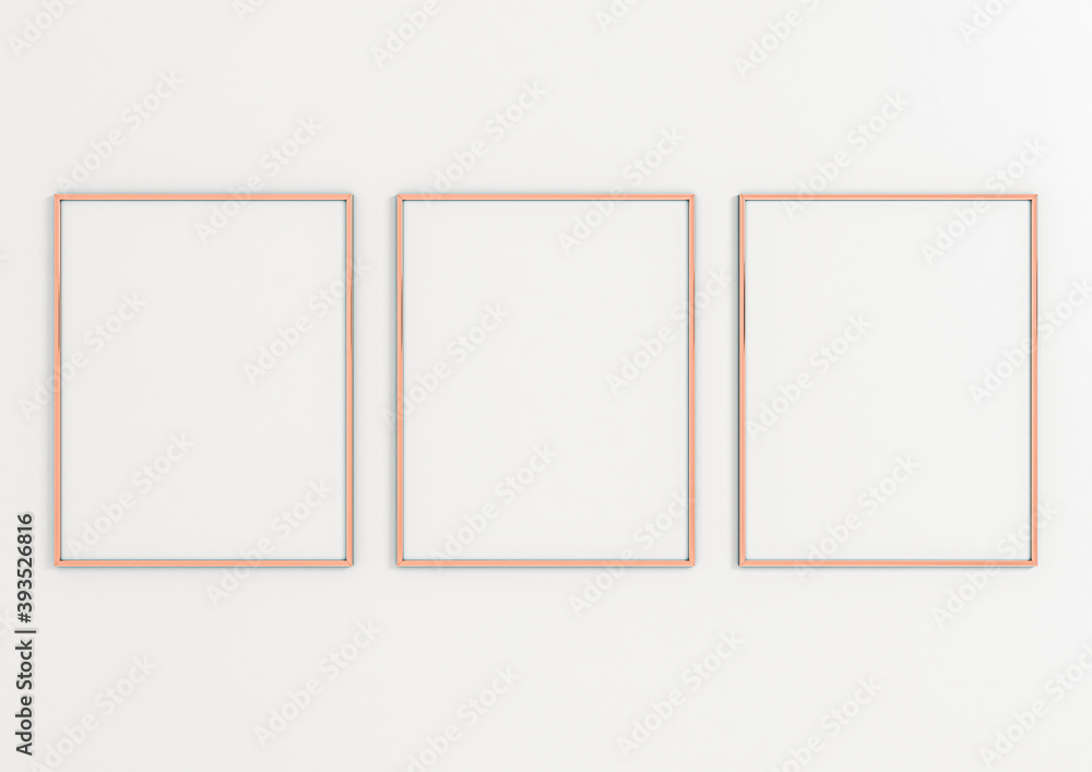 Three Vertical 8x10 Rose Gold Frames Mockup. Three Vertical Rose Gold Frames on a white wall. Three Vertical 8x10 Rose Gold Frames Mockup. Three Vertical Rose Gold Frames on a white wall.
