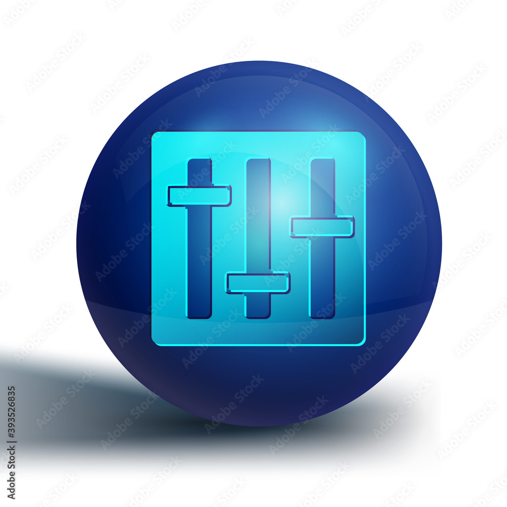 Blue Sound mixer controller icon isolated on white background. Dj equipment slider buttons. Mixing console. Blue circle button. Vector. Blue Sound mixer controller icon isolated on white background. Dj equipment slider buttons. Mixing console. Blue circle button. Vector.
