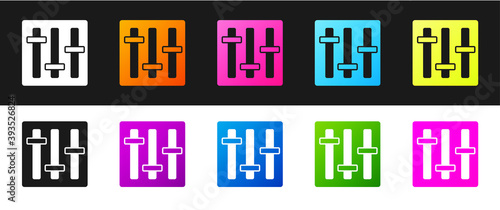 Set Sound mixer controller icon isolated on black and white background. Dj equipment slider buttons. Mixing console. Vector.