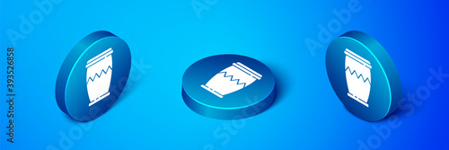 Isometric Drum icon isolated on blue background. Music sign. Musical instrument symbol. Blue circle button. Vector.