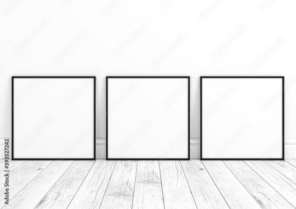 Three square black frame mockups. Black frame poster on clean white wall and white wooden floor.
Three square black frame mockups. Black frame poster on clean white wall and white wooden floor.