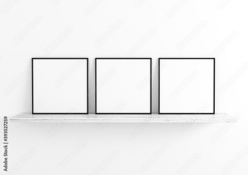 Three square black frame mockups. Black frame poster on clean white wall and white wooden shelf.
Three square black frame mockups. Black frame poster on clean white wall and white wooden shelf.