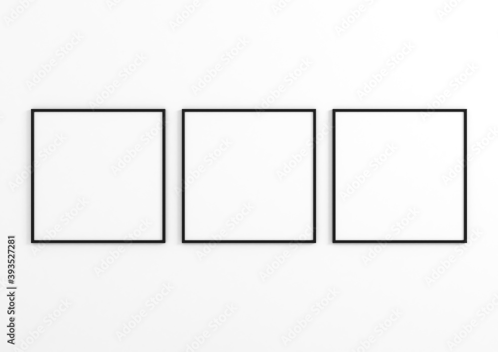 Three 10x10 Black Frames Mockup. Three Black Frames on a white wall. Three 10x10 Black Frames Mockup. Three Black Frames on a white wall.
