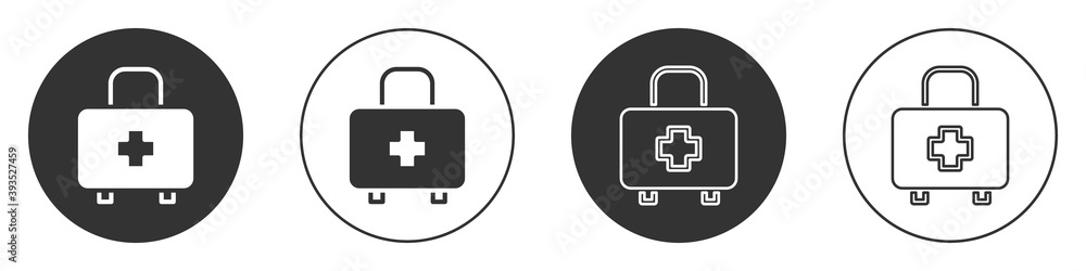 Black First aid kit icon isolated on white background. Medical box with cross. Medical equipment for emergency. Healthcare concept. Circle button. Vector. Black First aid kit icon isolated on white background. Medical box with cross. Medical equipment for emergency. Healthcare concept. Circle button. Vector.