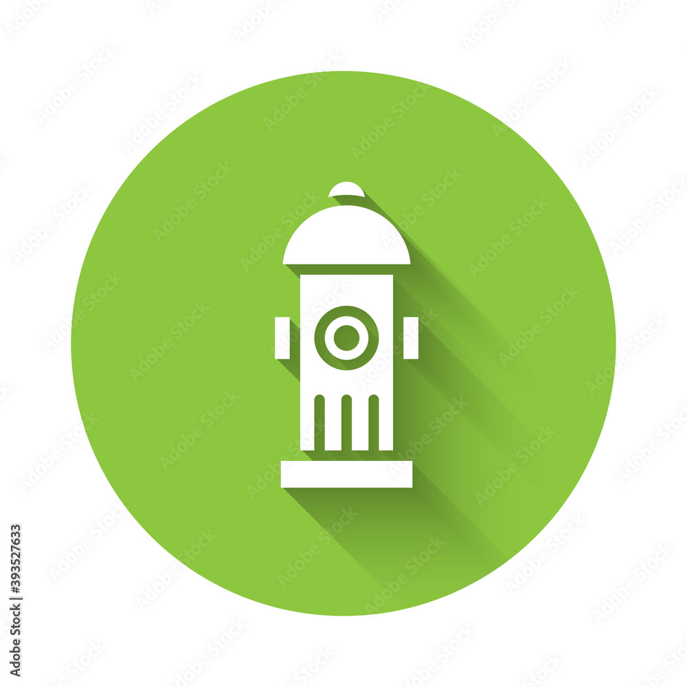 White Fire hydrant icon isolated with long shadow. Green circle button. Vector. White Fire hydrant icon isolated with long shadow. Green circle button. Vector.