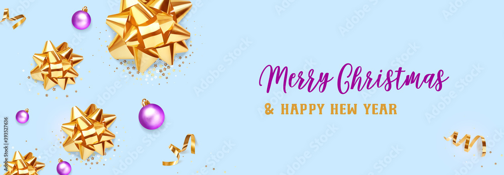 Christmas banner. Background Xmas design of realistic golden gift bows and glitter gold confetti, bauble ball on blue background. Horizontal christmas poster, greeting card, headers for website.