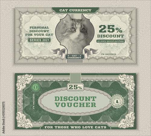 Vector money banknotes. Fake money illustration with realistic vector cat, floral border. Classical vintage style. Back sides of money bills