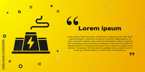 Black Power station plant and factory icon isolated on yellow background. Energy industrial concept. Vector.