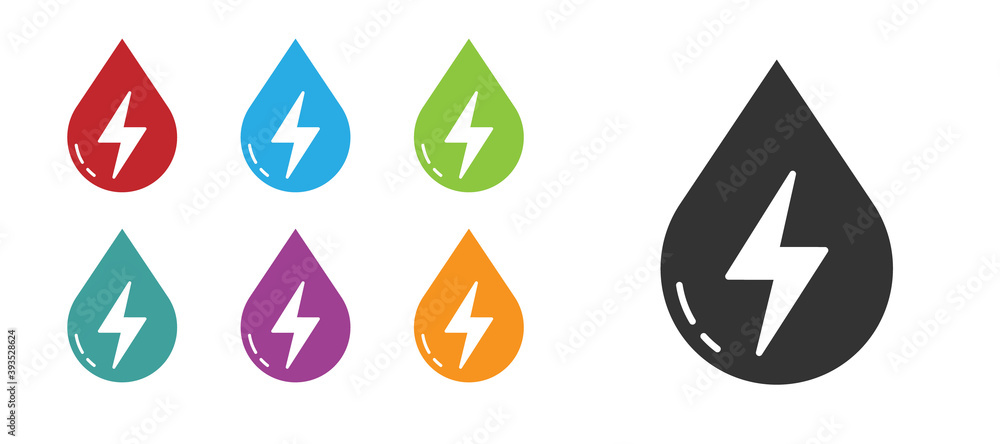 Black Water energy icon isolated on white background. Ecology concept with water droplet. Alternative energy concept. Set icons colorful. Vector. Black Water energy icon isolated on white background. Ecology concept with water droplet. Alternative energy concept. Set icons colorful. Vector.