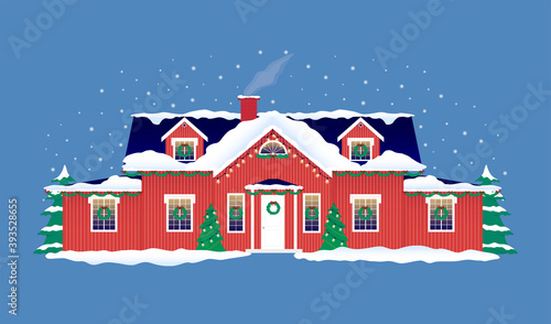 Red Christmas house and tree. Decorated building for new year and christmas. Holiday and celebration,winter night. Poster for greeting cards. Decorated house with garlands. Vector illustration.