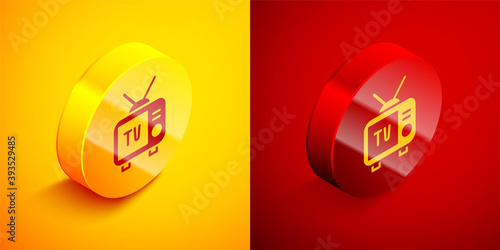 Free Download Isometric Retro tv icon isolated on orange and red background. Television sign. Circle button. Vector. - GFXLoad