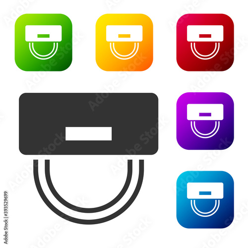 Black Bellboy hat icon isolated on white background. Hotel resort service symbol. Set icons in color square buttons. Vector.