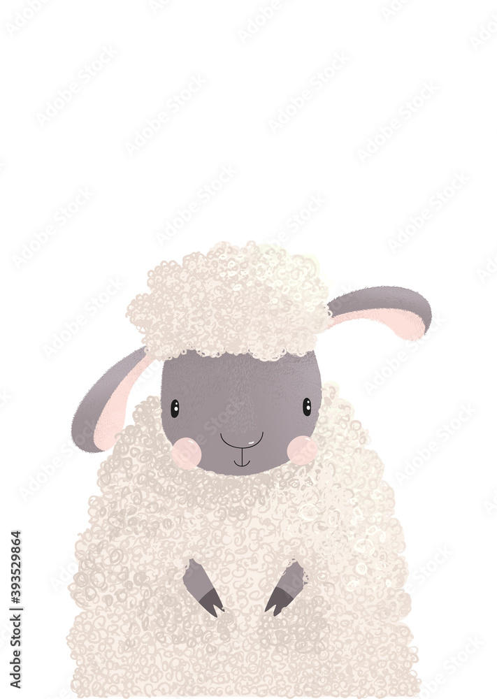 Vector illustration of cute fluffy sheep isolated on white background.  Graphic hand drawing lamb pet animal of greeting card for kids, decor for  nursery baby room. Wallpaper, apparel, invitation. Stock Vector |