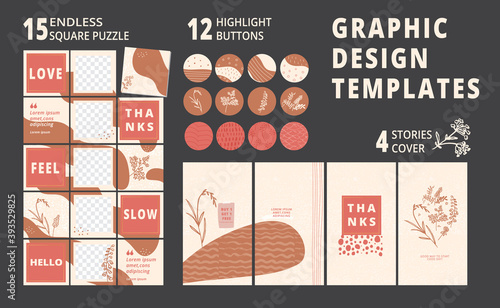 Set of social media editable endless square puzzle template collage design, highlight buttons, stories cover. Mockup for blog. Abstract backgrounds vector illustration for card, poster, application
