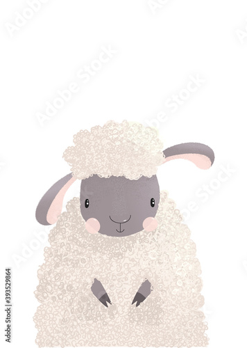 Vector illustration of cute fluffy sheep isolated on white background. Graphic hand drawing lamb pet animal of greeting card for kids, decor for nursery baby room. Wallpaper, apparel, invitation.