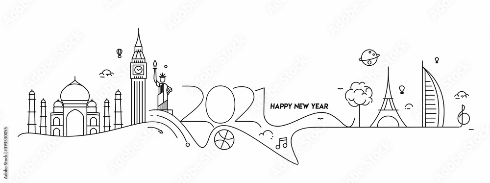 Happy New Year 2021 Text Typography Design for travel poster, Vector illustration.