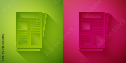 Paper cut News icon isolated on green and pink background. Newspaper sign. Mass media symbol. Paper art style. Vector.