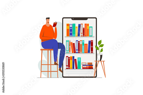 Media book library concept. E-book, reading an ebook to study on e-library at mobile app. E-learning online, archive of books. Flat vector illustration