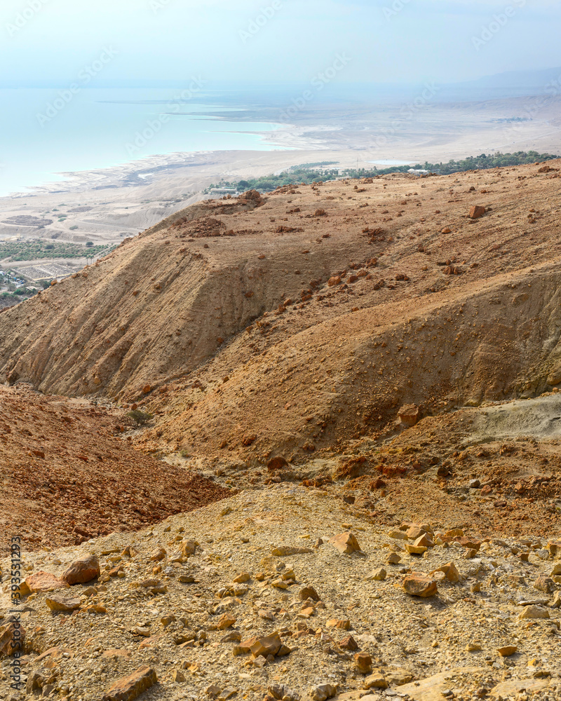 Panoramic view of the shore of the Dead Sea near Ein Gedi. Panorama from several shots. Panoramic view of the shore of the Dead Sea near Ein Gedi. Panorama from several shots.