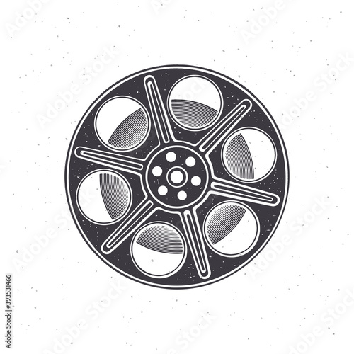 Silhouette of film stock front view. Vector illustration. Vintage camera reel. Movie industry. Retro storage of analog information. Clipart for signboards, greeting cards. Isolated white background