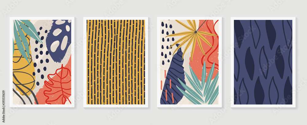 Hand painted illustrations wall arts vector. Surface pattern design. Abstract art textile design with literature or natural tropical line arts painting, Covering greetings cards, cover, print,fabrics.