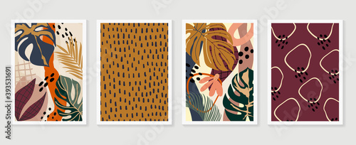 Hand painted illustrations wall arts vector. Surface pattern design. Abstract art textile design with literature or natural tropical line arts painting, Covering greetings cards, cover, print,fabrics.
