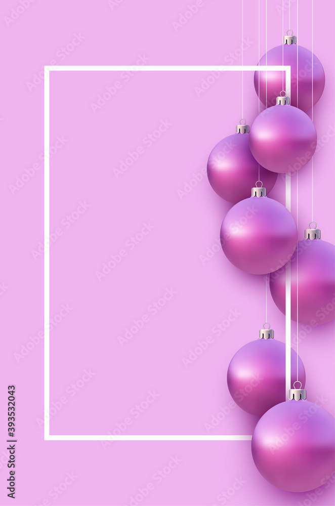 Fototapeta premium Vertical frame with pink christmas tree balls hanging on strings.