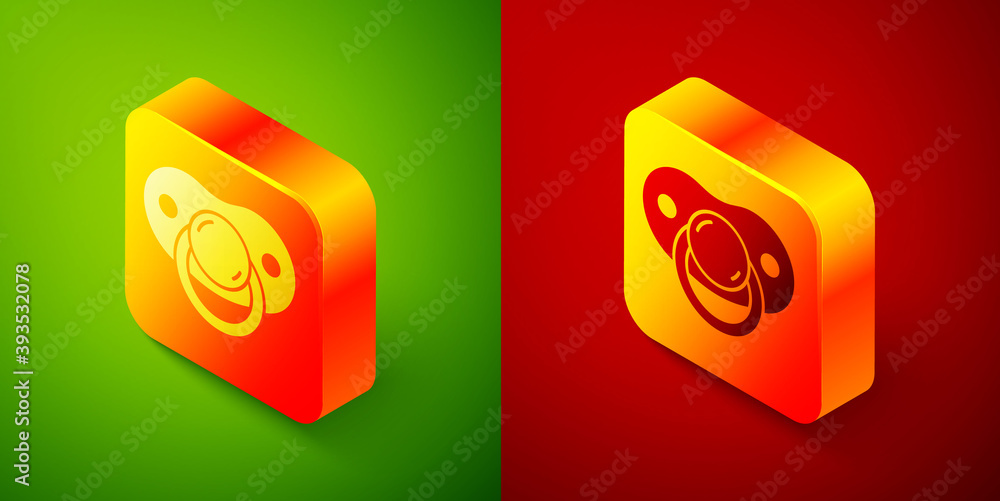 Isometric Baby dummy pacifier icon isolated on green and red background. Toy of a child. Square button. Vector. Isometric Baby dummy pacifier icon isolated on green and red background. Toy of a child. Square button. Vector.