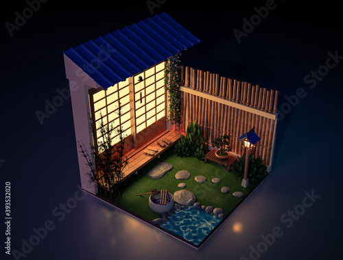 Photography 3d scene of an isometric diorama of a Japanese house and garden at night